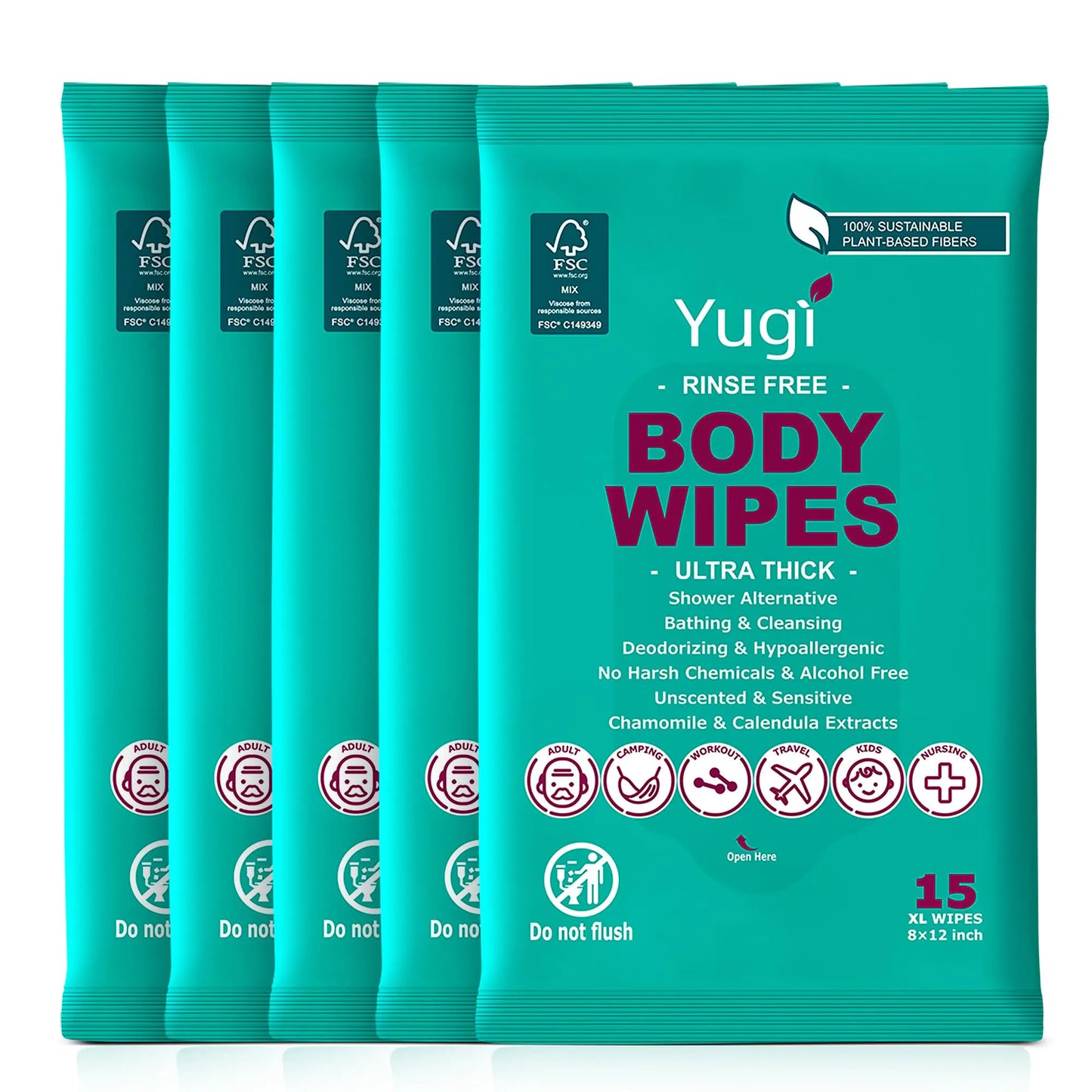 XL Ultra-Thick Body Wipes – 5 Packs (75 Wipes Total)